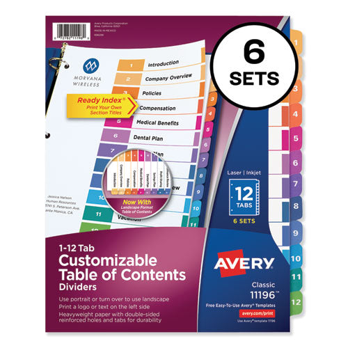 Customizable TOC Ready Index Multicolor Tab Dividers, 12-Tab, 1 to 12, 11 x 8.5, White, Traditional Color Tabs, 6 Sets-(AVE11196)