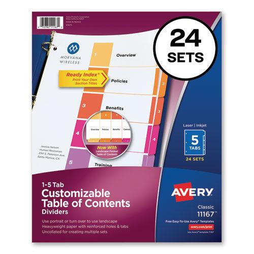 Customizable TOC Ready Index Multicolor Tab Dividers, Uncollated, 5-Tab, 1 to 5, 11 x 8.5, White, 24 Sets-(AVE11167)