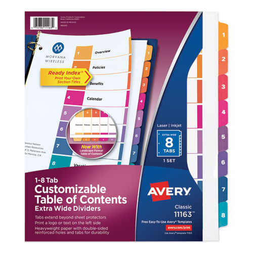 Customizable TOC Ready Index Multicolor Tab Dividers, Extra Wide Tabs, 8-Tab, 1 to 8, 11 x 9.25, White, 1 Set-(AVE11163)