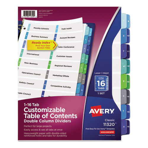 Customizable TOC Ready Index Double Column Multicolor Tab Dividers, 16-Tab, 1 to 16, 11 x 8.5, White, 1 Set-(AVE11320)