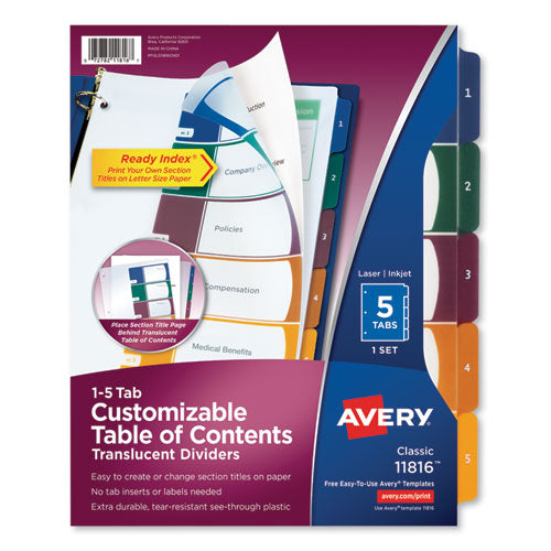 Customizable Table of Contents Ready Index Dividers with Multicolor Tabs, 5-Tab, 1 to 5, 11 x 8.5, Translucent, 1 Set-(AVE11816)