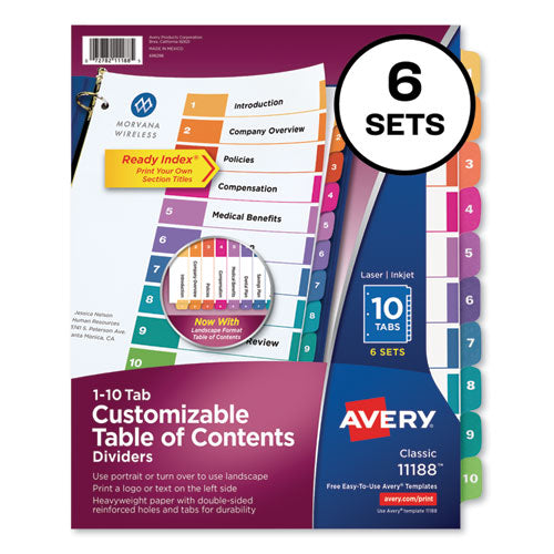 Customizable TOC Ready Index Multicolor Tab Dividers, 10-Tab, 1 to 10, 11 x 8.5, White, Traditional Color Tabs, 6 Sets-(AVE11188)