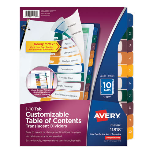 Customizable Table of Contents Ready Index Dividers with Multicolor Tabs, 10-Tab, 1 to 10, 11 x 8.5, Translucent, 1 Set-(AVE11818)