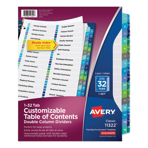 Customizable TOC Ready Index Double Column Multicolor Tab Dividers, 32-Tab, 1 to 32, 11 x 8.5, White, 1 Set-(AVE11322)