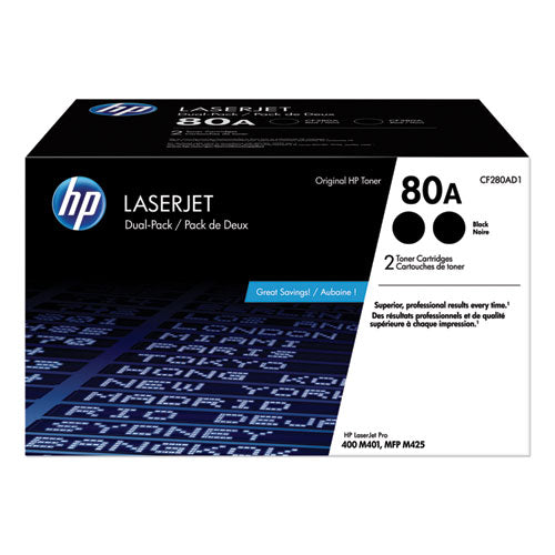 HP 80A, (CF280A-D) 2-Pack Black Original LaserJet Toner Cartridges-(HEWCF280AD1)