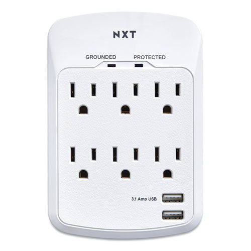 Wall-Mount Surge Protector, 6 AC Outlets/2 USB Ports, 1,200 J, White-(NXT24324334)