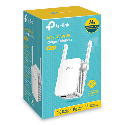 RE205 AC750 Wi-Fi Range Extender, 1 Port, Dual-Band 2.4 GHz/5 GHz-(TPLRE205)