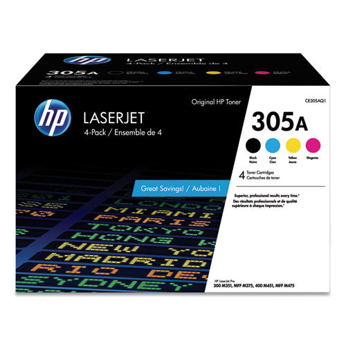 HP 305A, (CE305A-Q) 4-Pack Black/Cyan/Magenta/Yellow Original LaserJet Toner Cartridges-(HEWCE305AQ1)