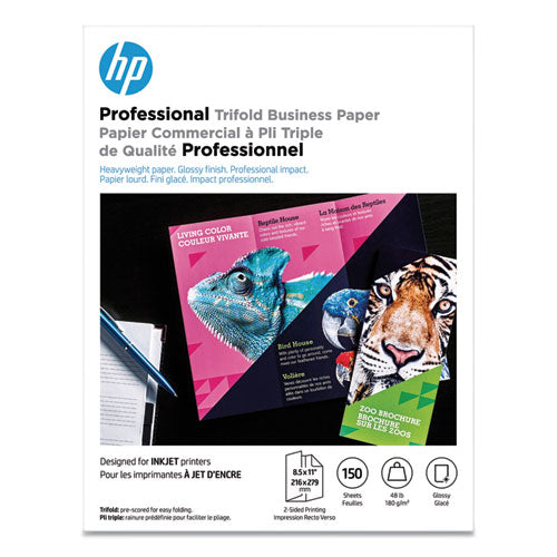 Professional Trifold Business Paper, 48 lb Bond Weight, 8.5 x 11, Glossy White, 150/Pack-(HEW4WN12A)