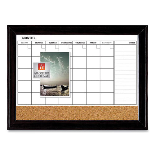 Magnetic Combination Dry Erase Calendar/Cork Board, 35 x 23, Natural/White Surface, Black Wood Frame-(QRT79284)