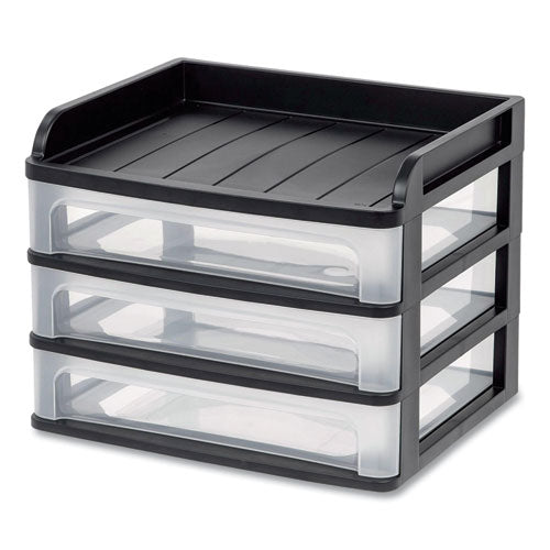 Small Three-Drawer Desktop Storage, 3 Sections, 9.13 x 6.88 x 8.13, Black/Clear-(IRS150163)