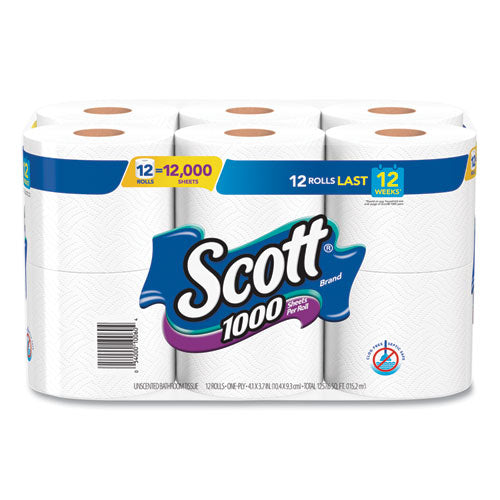 Toilet Paper, Septic Safe, 1-Ply, White, 1,000 Sheets/Roll, 12 Rolls/Pack, 4 Pack/Carton-(KCC10060)