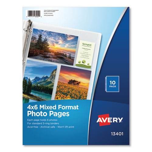 Photo Storage Pages for Six 4 x 6 Mixed Format Photos, 3-Hole Punched, 10/Pack-(AVE13401)