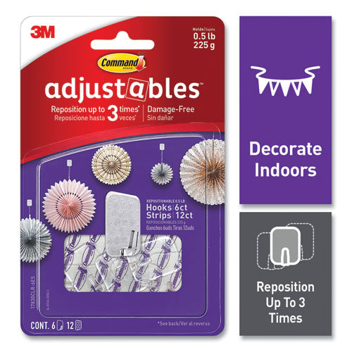 Adjustables Repositionable Mini Hooks, Plastic, White, 0.5 lb Capacity, 6 Hooks and 12 Strips-(MMM17830CLR6ES)