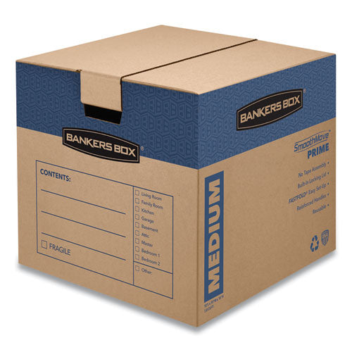 SmoothMove Prime Moving/Storage Boxes, Hinged Lid, Regular Slotted Container, Medium, 18" x 18" x 16", Brown/Blue, 8/Carton-(FEL0062801)