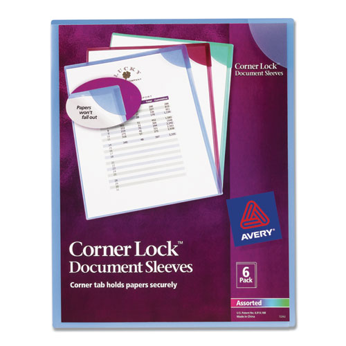 Corner Lock Document Sleeves, Letter Size, Assorted Colors, 6/Pack-(AVE72262)