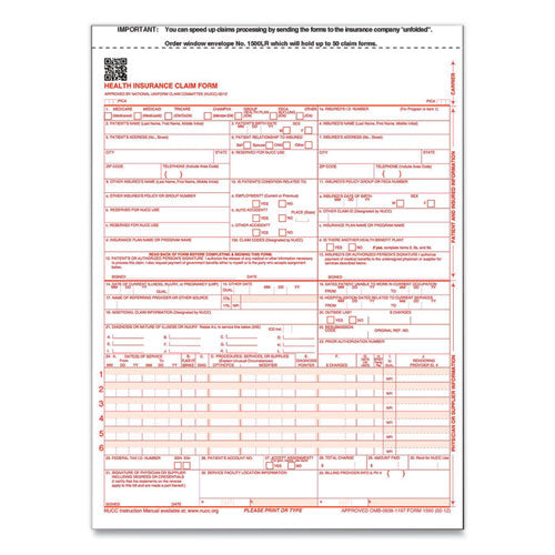 CMS-1500 Health Insurance Claim Form, One-Part (No Copies), 8.5 x 11, 100 Forms Total-(TFP650657)