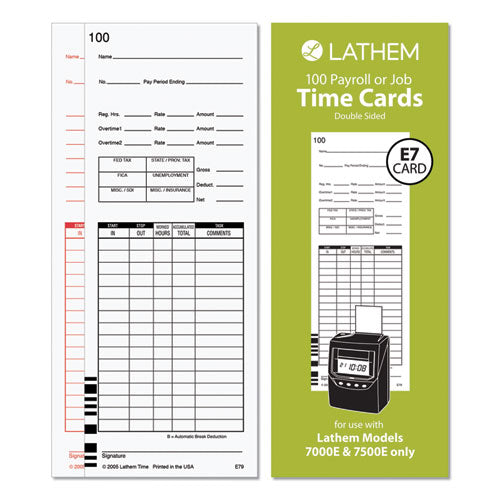 Time Clock Cards for Lathem Time 7000E/7500E, Two Sides, 3.38 x 8.78, 100/Pack-(LTHE79100)