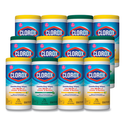 Disinfecting Wipes, 1-Ply, 7 x 8, Fresh Scent/Citrus Blend, White, 75/Canister, 3/Pack, 4 Packs/Carton-(CLO30208)