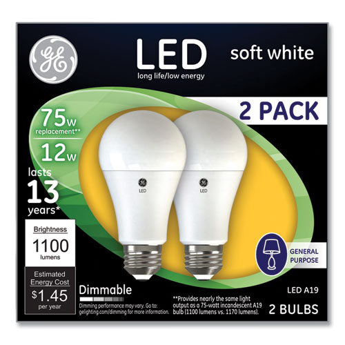 75W LED Bulbs, A19, 12 W, Soft White, 2/Pack-(GEL93127324)