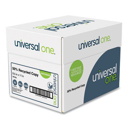 50% Recycled Copy Paper, 92 Bright, 20 lb Bond Weight, 8.5 x 11, White, 500 Sheets/Ream, 5 Reams/Carton-(UNV200505)