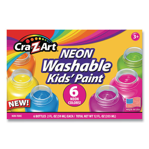 Neon Washable Kids Paint, 6 Assorted Neon Colors, 2 oz Bottle, 6/Pack-(CZA106466)