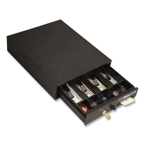 Space-Saving Steel Cash Drawer, 4 Bill, 5 Coin Slots, Key Lock, 17 x 13 x 4, Black-(HWL6313)