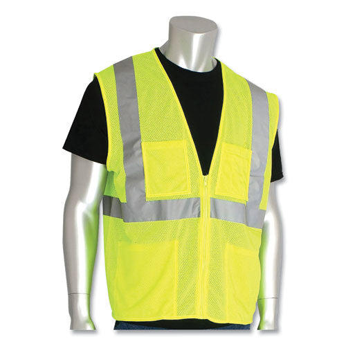 ANSI Class 2 Four Pocket Zipper Safety Vest, Polyester Mesh, 5X-Large, Hi-Viz Lime Yellow-(PIDMVGZ4PLY5X)