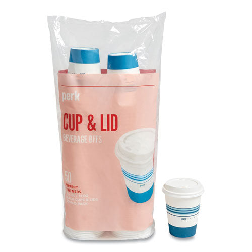 Paper Hot Cup and Plastic Dome Lid Combo, 12 oz, White/Blue, 50 Sets/Pack-(PRK24375267)