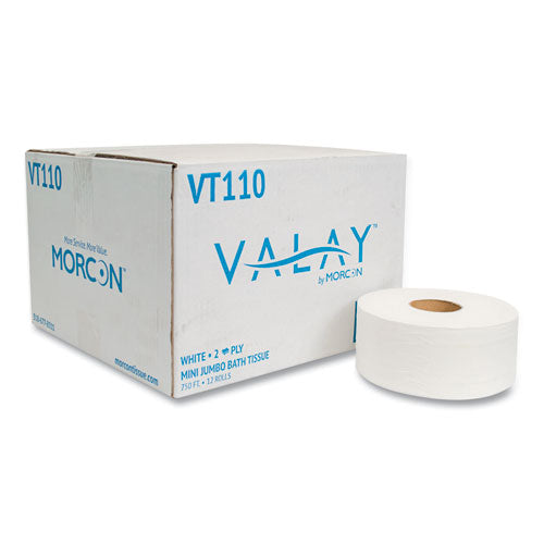 Valay Mini Jumbo Bath Tissue, Septic Safe, 2-Ply, White, 750 ft, 12 Rolls/Carton-(MORVT110)