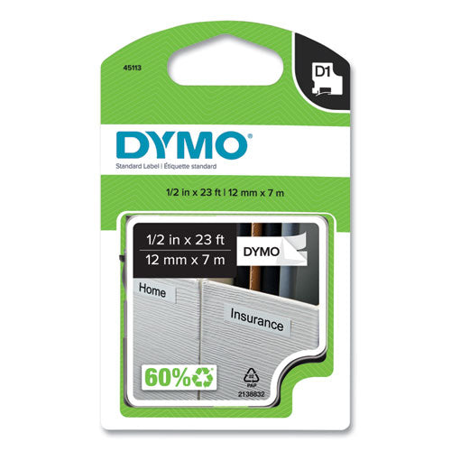 D1 High-Performance Polyester Removable Label Tape, 0.5" x 23 ft, Black on White-(DYM45113)