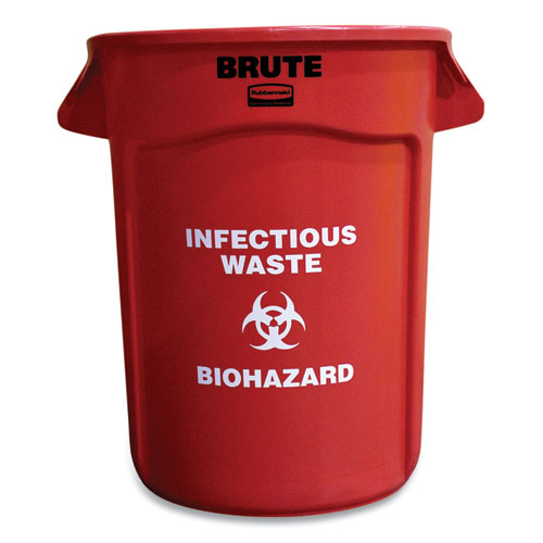 Vented Round Brute Container, "Infectious Waste: Biohazard" Imprint, 32 gal, Plastic, Red-(RCP263294RED)