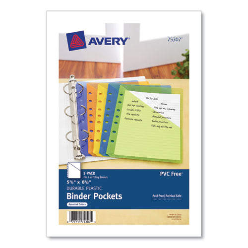 Small Binder Pockets, Standard, 7-Hole Punched, Assorted, 9.25 x 5.5, 5/Pack-(AVE75307)