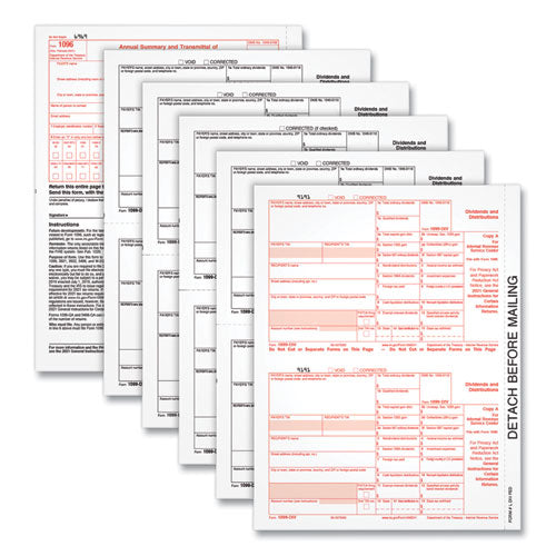 1099-Div Tax Forms for Inkjet/Laser Printers, Fiscal Year: 2022, Five-Part Carbonless, 8 x 5.5, 2 Forms/Sheet, 24 Forms Total-(TOP22973)