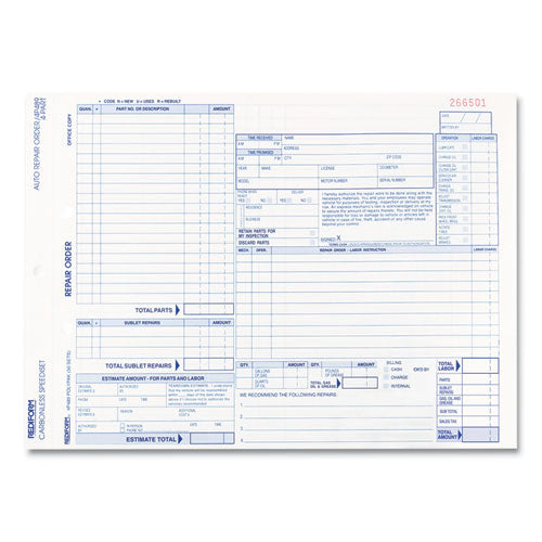 Speediset Four-Part Auto Repair Form, Four-Part Carbonless, 11 x 8.5, 50 Forms Total-(RED4P489)