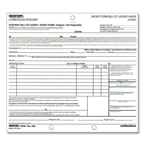 Speediset Bill of Lading, Short Form, Three-Part Carbonless, 7 x 8.5, 50 Forms Total-(RED6P695)