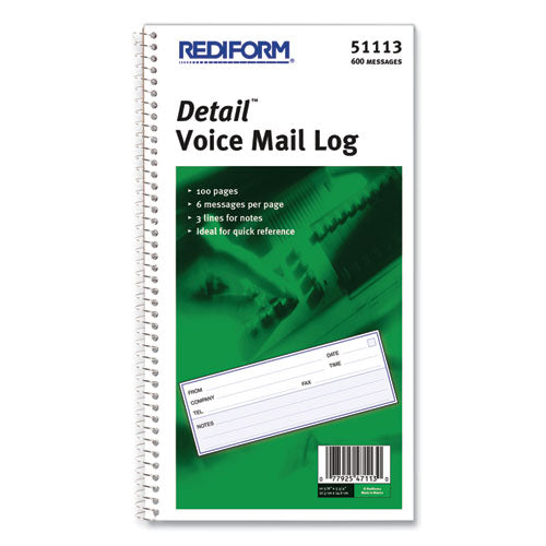 Detail Wirebound Voice Mail Log Book, One-Part (No Copies), 5 x 1.63, 6 Forms/Sheet, 600 Forms Total-(RED51113)