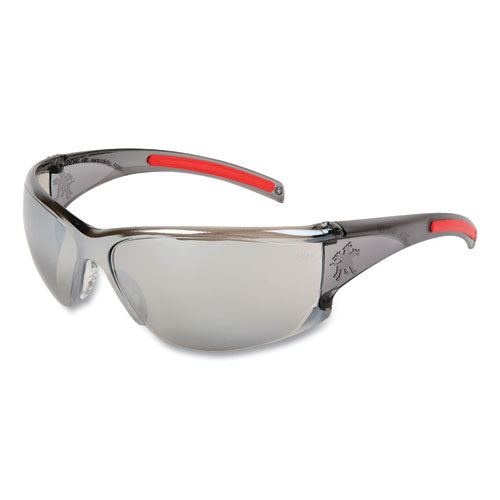 HK1 Series Safety Glasses, Wraparound, Scratch-Resistant, Silver Mirror Lens, Smoke/Red Frame-(CRWHK117)