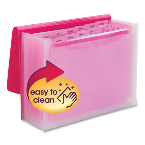 Poly Expanding Folders, 12 Sections, Cord/Hook Closure, 1/6-Cut Tabs, Letter Size, Pink/Clear-(SMD70864)