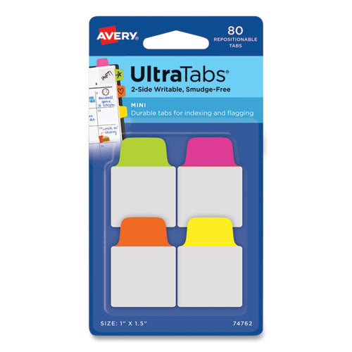 Ultra Tabs Repositionable Tabs, Mini Tabs: 1" x 1.5", 1/5-Cut, Assorted Neon Colors, 80/Pack-(AVE74762)