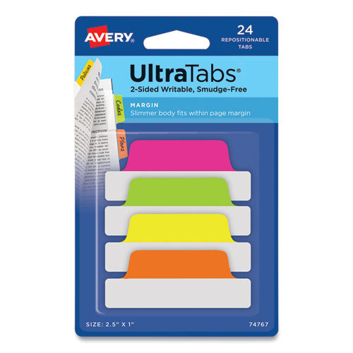 Ultra Tabs Repositionable Tabs, Margin Tabs: 2.5" x 1", 1/5-Cut, Assorted Neon Colors, 24/Pack-(AVE74767)