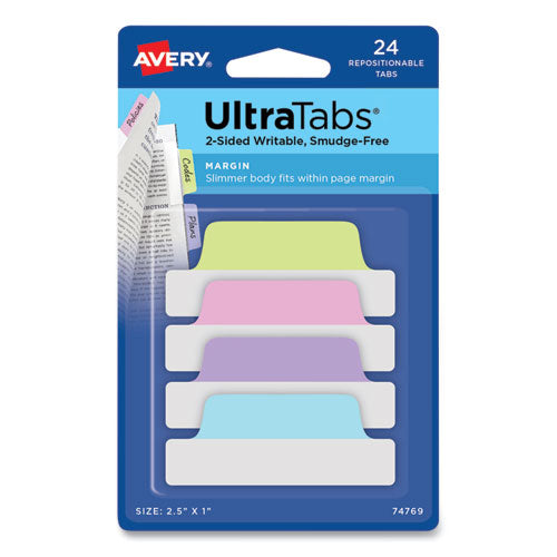 Ultra Tabs Repositionable Tabs, Margin Tabs: 2.5" x 1", 1/5-Cut, Assorted Pastel Colors, 24/Pack-(AVE74769)