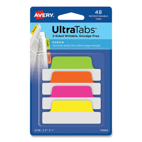 Ultra Tabs Repositionable Tabs, Margin Tabs: 2.5" x 1", 1/5-Cut, Assorted Neon Colors, 48/Pack-(AVE74865)