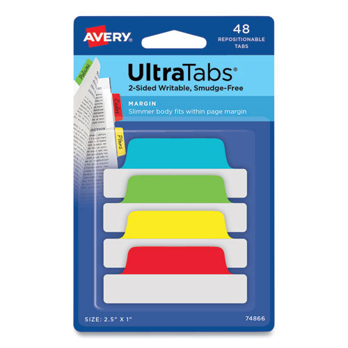 Ultra Tabs Repositionable Tabs, Margin Tabs: 2.5" x 1", 1/5-Cut, Assorted Colors, 48/Pack-(AVE74866)