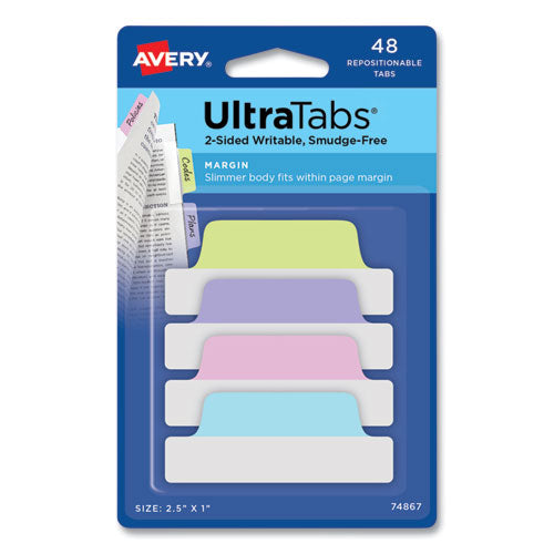 Ultra Tabs Repositionable Tabs, Margin Tabs: 2.5" x 1", 1/5-Cut, Assorted Pastel Colors, 48/Pack-(AVE74867)