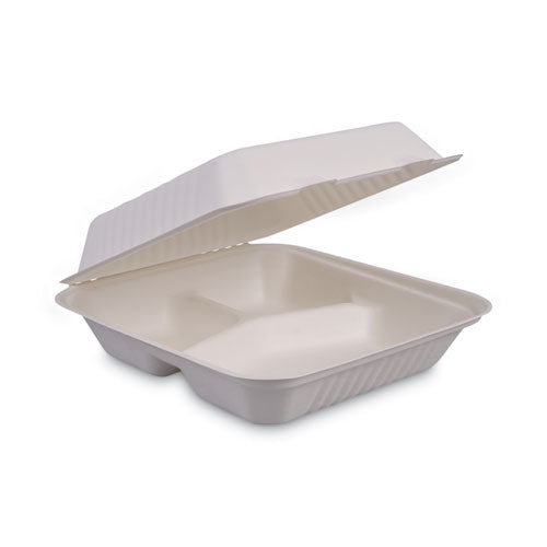 Bagasse Food Containers, Hinged-Lid, 3-Compartment 9 x 9 x 3.19, White, Sugarcane, 100/Sleeve, 2 Sleeves/Carton-(BWKHINGEWF3CM9)