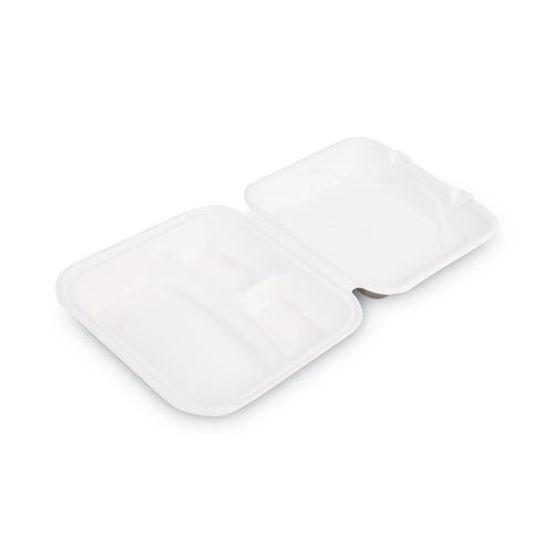 Bagasse Hinged Clamshell Containers, 3-Compartment, 9 x 9 x 3, White, Sugarcane, 50/Pack, 4 Packs/Carton-(ECOEPHC93)