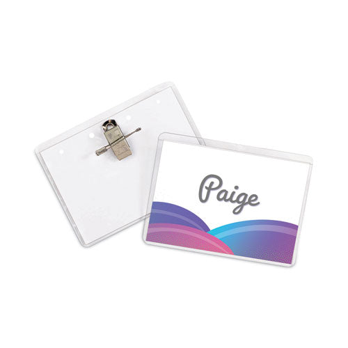 Name Badge Kits, Top Load, 3 1/2 x 2 1/4, Clear, Combo Clip/Pin, 50/Box-(CLI95723)