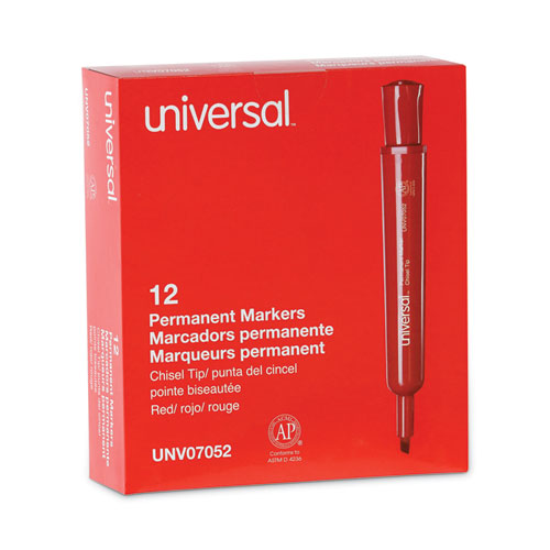 Chisel Tip Permanent Marker, Broad Chisel Tip, Red, Dozen-(UNV07052)