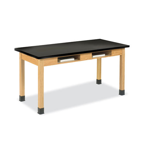 Classroom Book Compartment Science Table, 60w x 24d x 30h, Black ChemGuard High Pressure Laminate (HPL) Top, Oak Base-(DVWC7602BK30N)